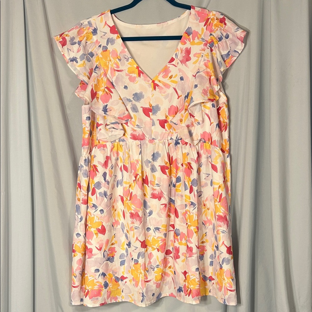 Floral V-Neck Mini Dress with Ruffle Sleeves